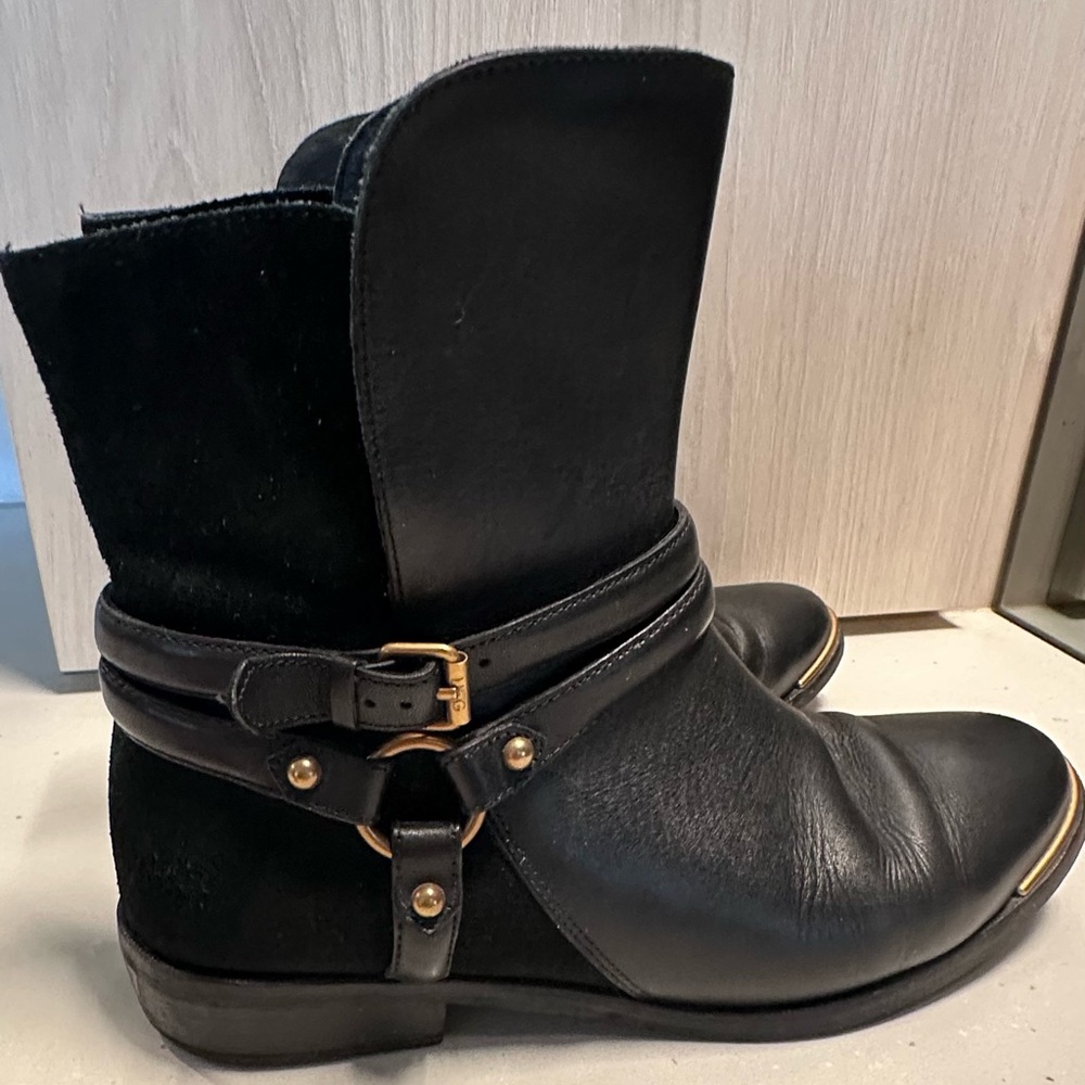 UGG Black Leather/Suede Ankle Boots with Gold Trim
